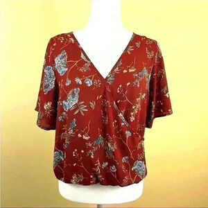 Sienna Sky Maroon Floral V-Neck Faux Wrap Cinch Waist Knotted Back Top Size M